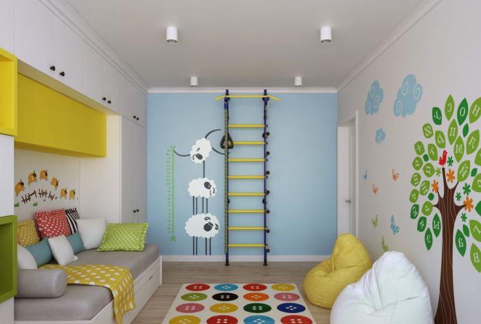 La combinazione di verde blu e giallo nel design della camera dei bambini