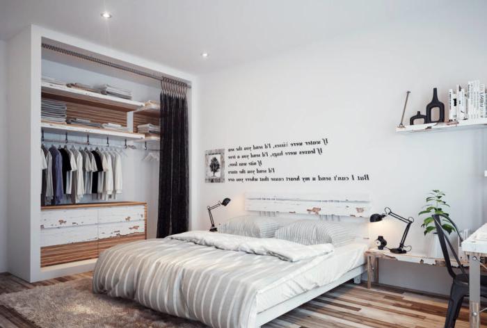 Progettazione di una camera da letto moderna nello stile del minimalismo.