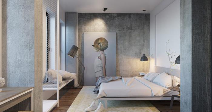 Camera da letto combinata soppalco e minimalismo