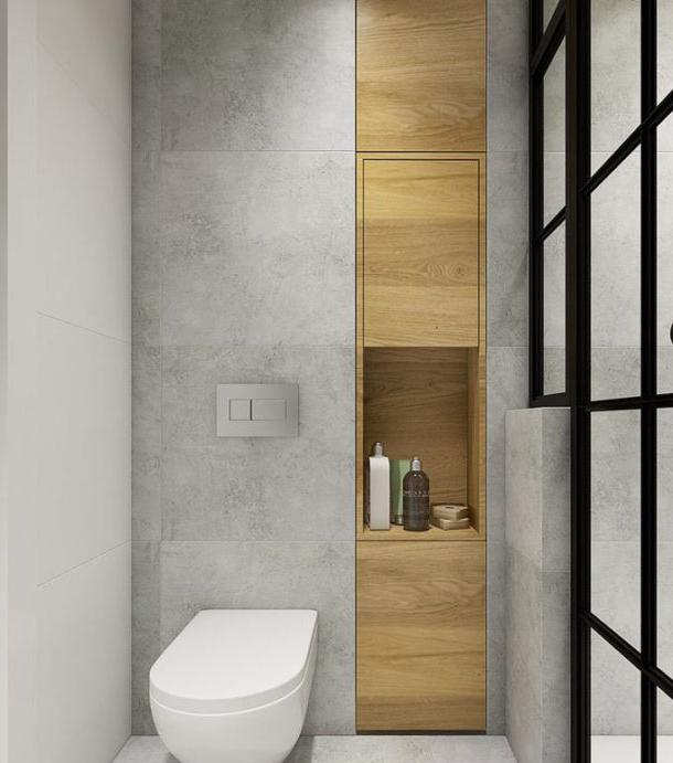 La combinazione di legno e cemento nella toilette