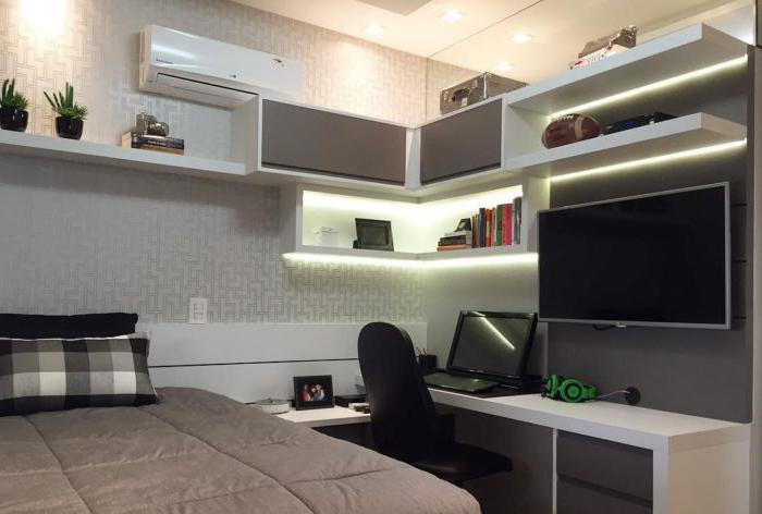 Layout e mobili in una piccola stanza per un ragazzo adolescente