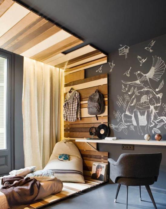 Design elegante camera ragazzo adolescente con pareti e soffitto neri.