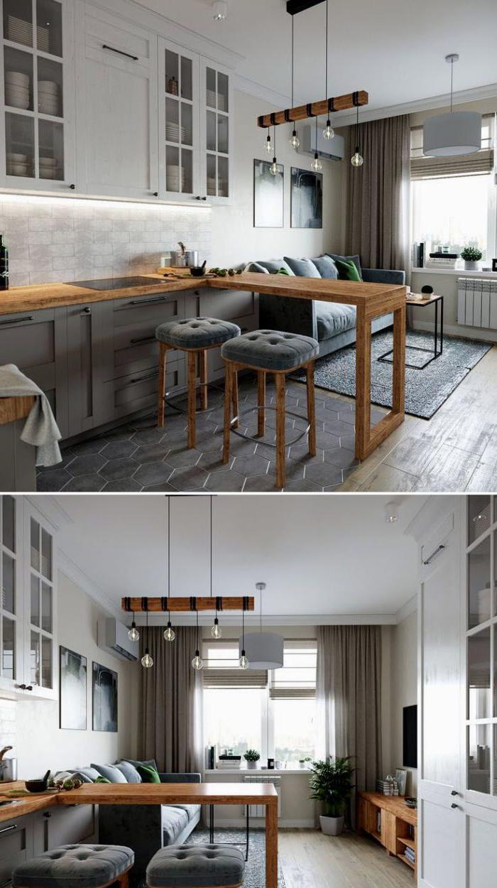 Progettazione di una cucina-soggiorno in grigio