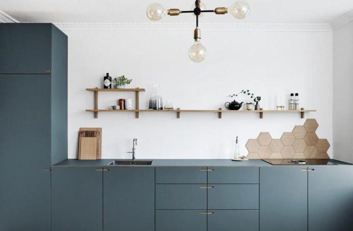 Cucina blu con ripiani aperti e un astuccio vicino al muro